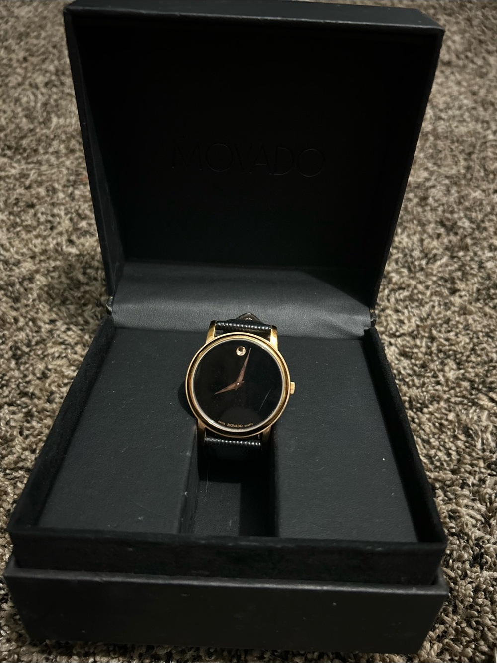 Authentic Movado Black Dial Rose Gold-Tone Case Leather Strap Unisex Watch